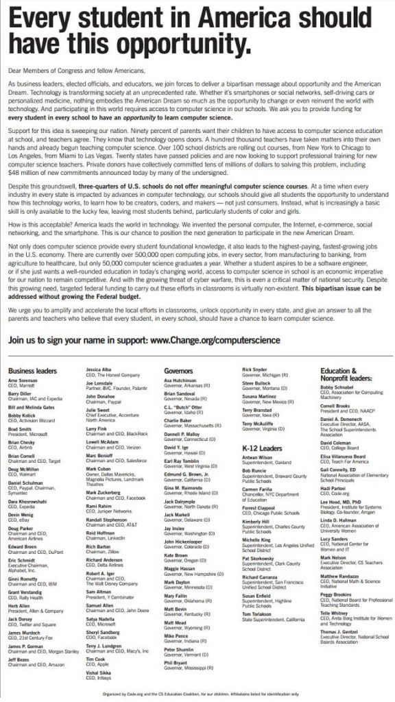 Image of signatories on a letter to Congress regarding support of K-12 Computer Science Education.