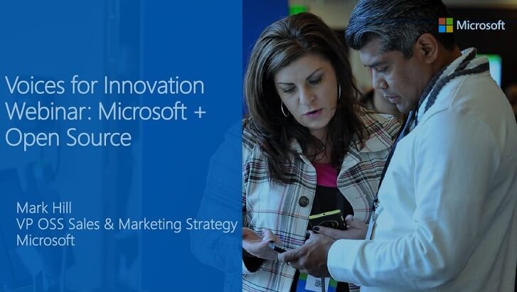 A man and a woman looking at a cell phone. The graphic reads, "Voices for Innovation Webinar: Microsoft + Open Source | Mark Hill, VP OSS Sales and Marketing Strategy, Microsoft.