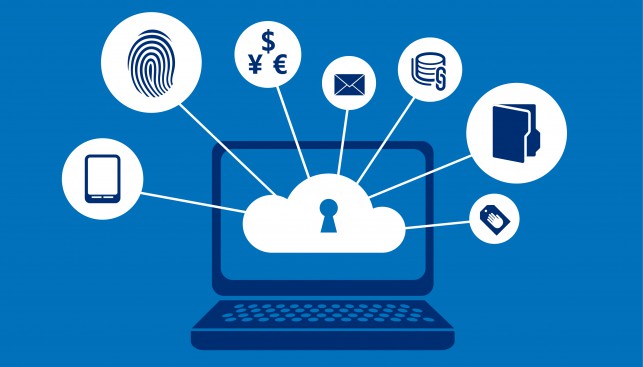 A laptop with an image of a cloud that has a keyhole in the center representing data privacy. Coming out of the cloud are icons of storage devices, a fingerprint, money signs, a letter, a chain, a file folder, and a privacy tag.