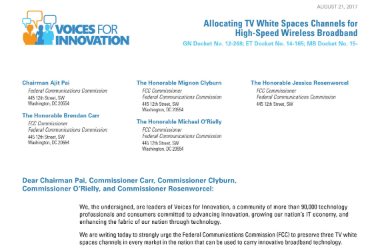 Image of a letter where VFI leaders urge the FCC to support TV White Spaces.