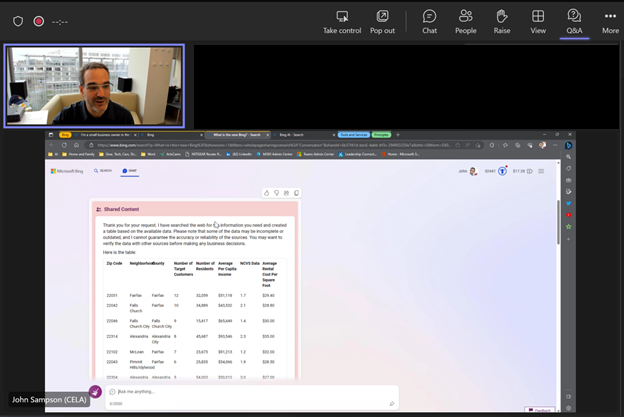 Screenshot of webinar, with demonstration of Bing creating a table.