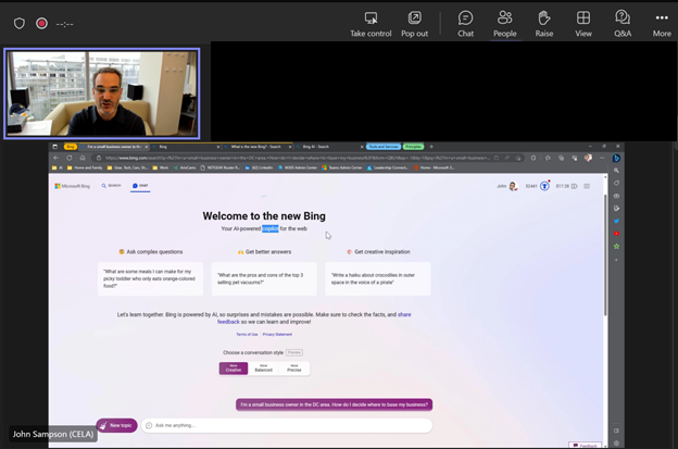 Screenshot of webinar showing John Sampson demonstrating Bing with AI.